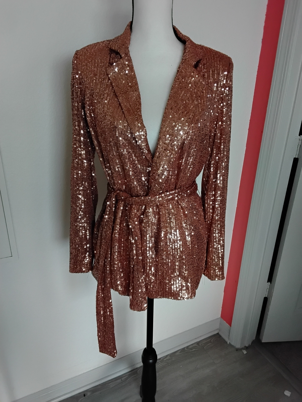 Sequin Tie-Waist Blazer Jacket in Copper